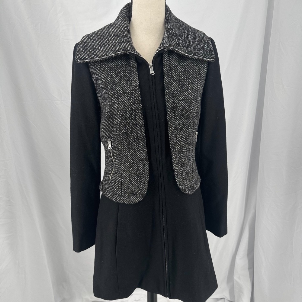 Guess Wool Blend Fashion Coat WOMENS Black Gray Full Zip Long Pockets SIZE M